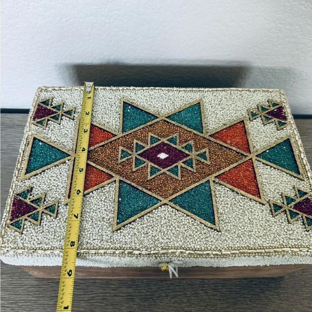 Southwest Western Aztec Tribal Beaded Teal Orange Gold Decor Storage Box